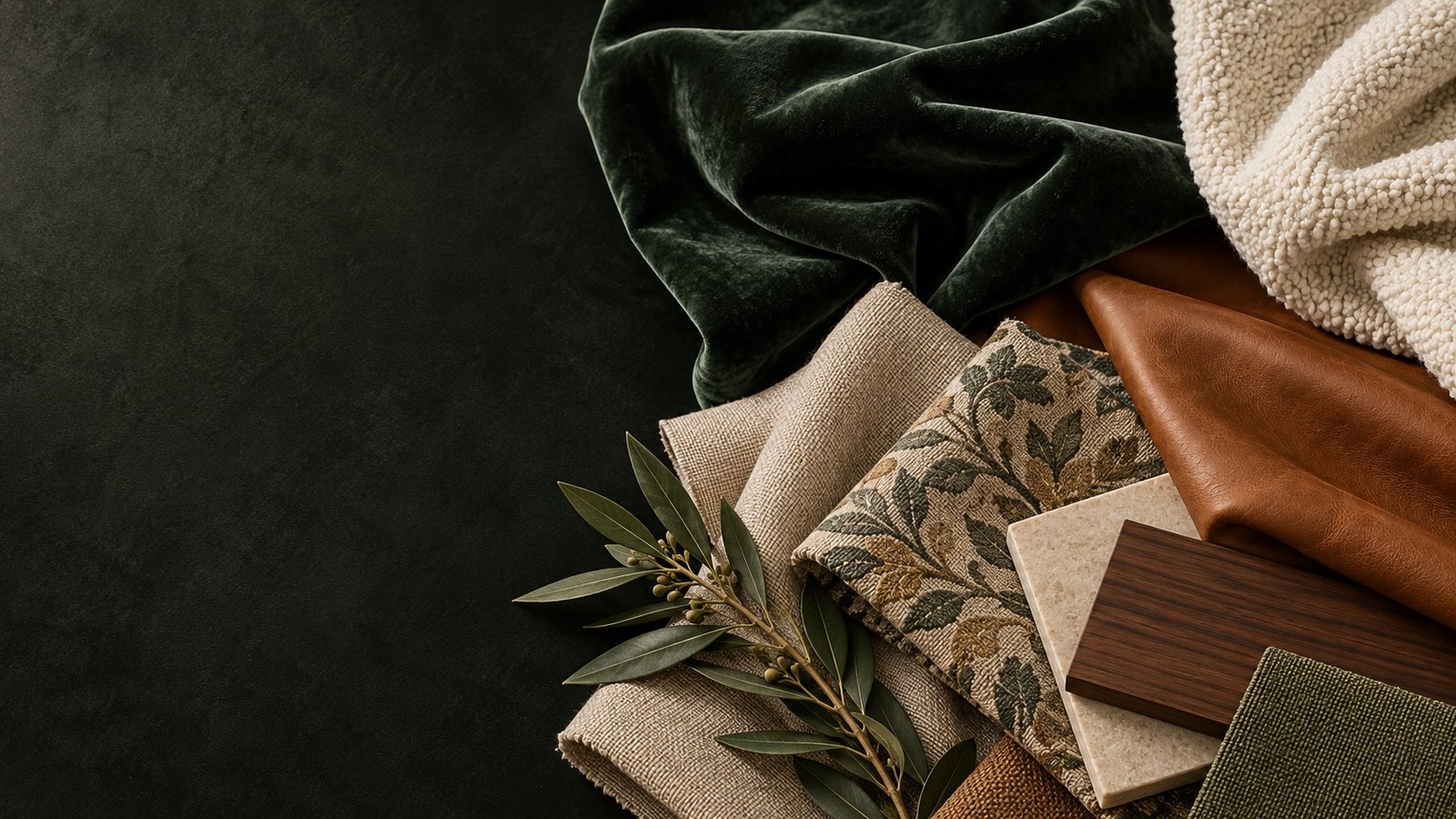 Layered upholstery fabrics in cream, grey, green and brown (illustrative image)