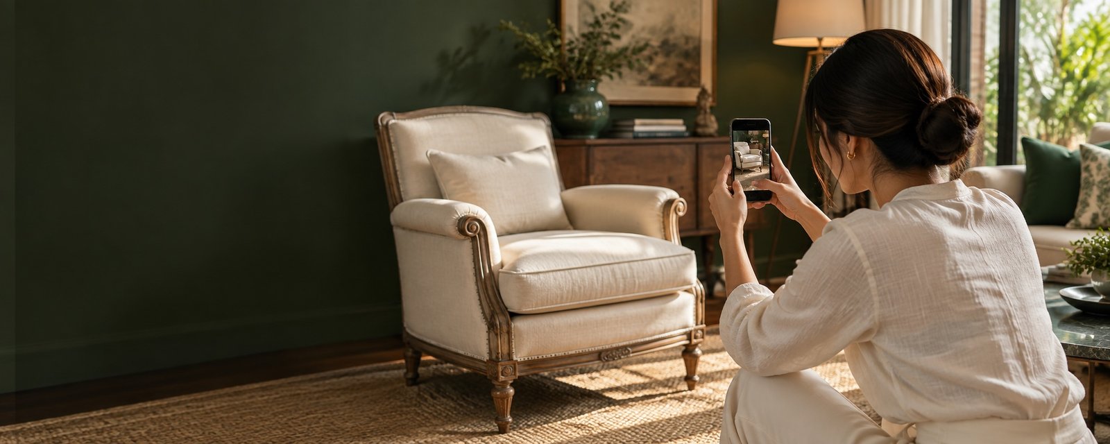 Customer preparing a furniture enquiry on a phone (temporary illustrative image)