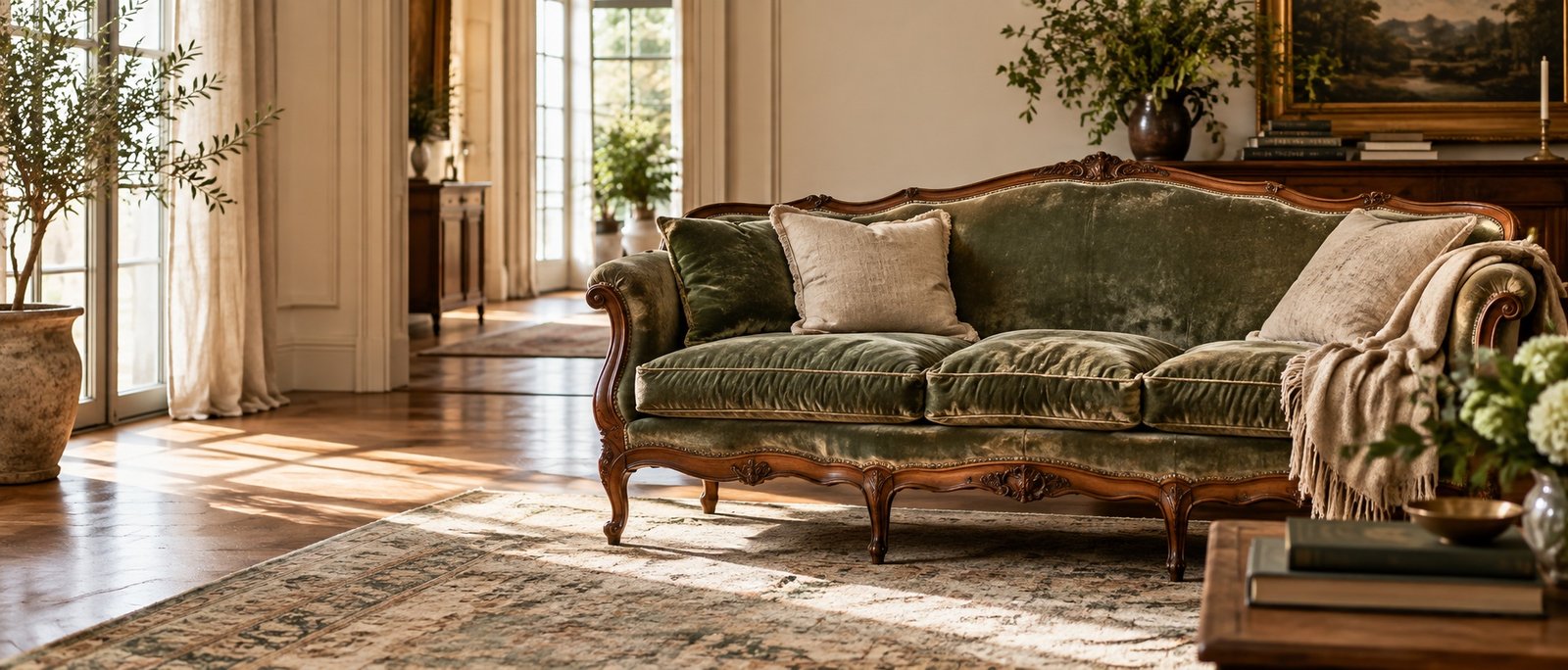 Green velvet sofa with cushions (illustrative image)