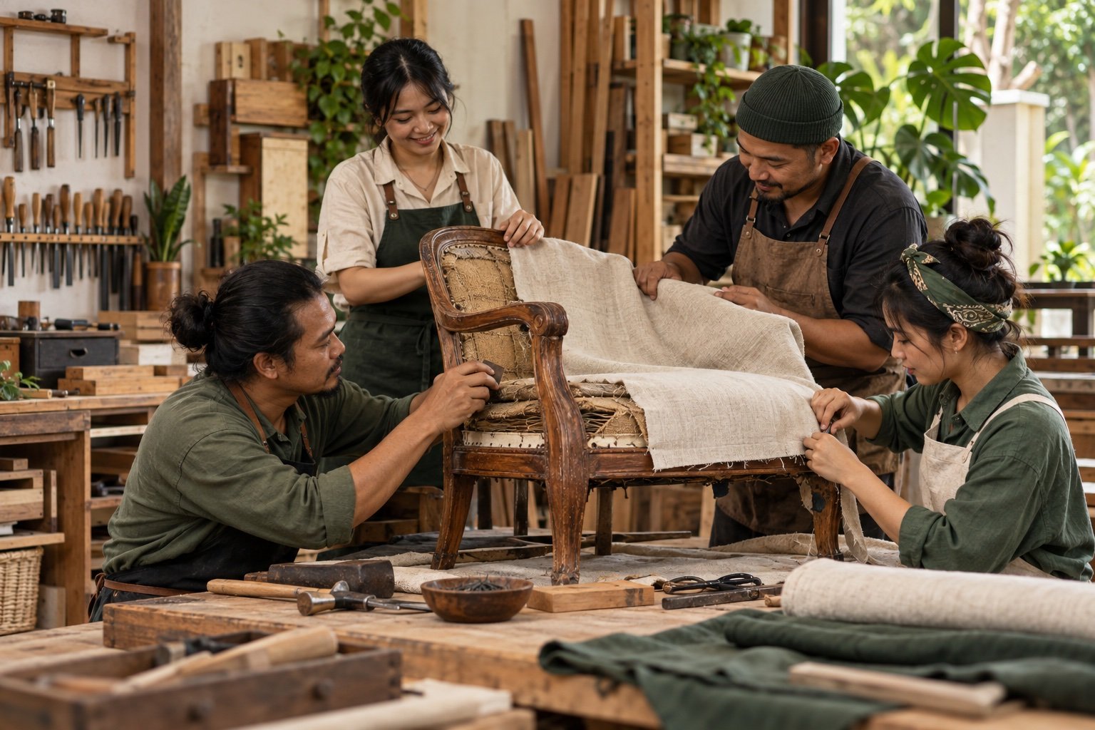 Workshop team with restored furniture