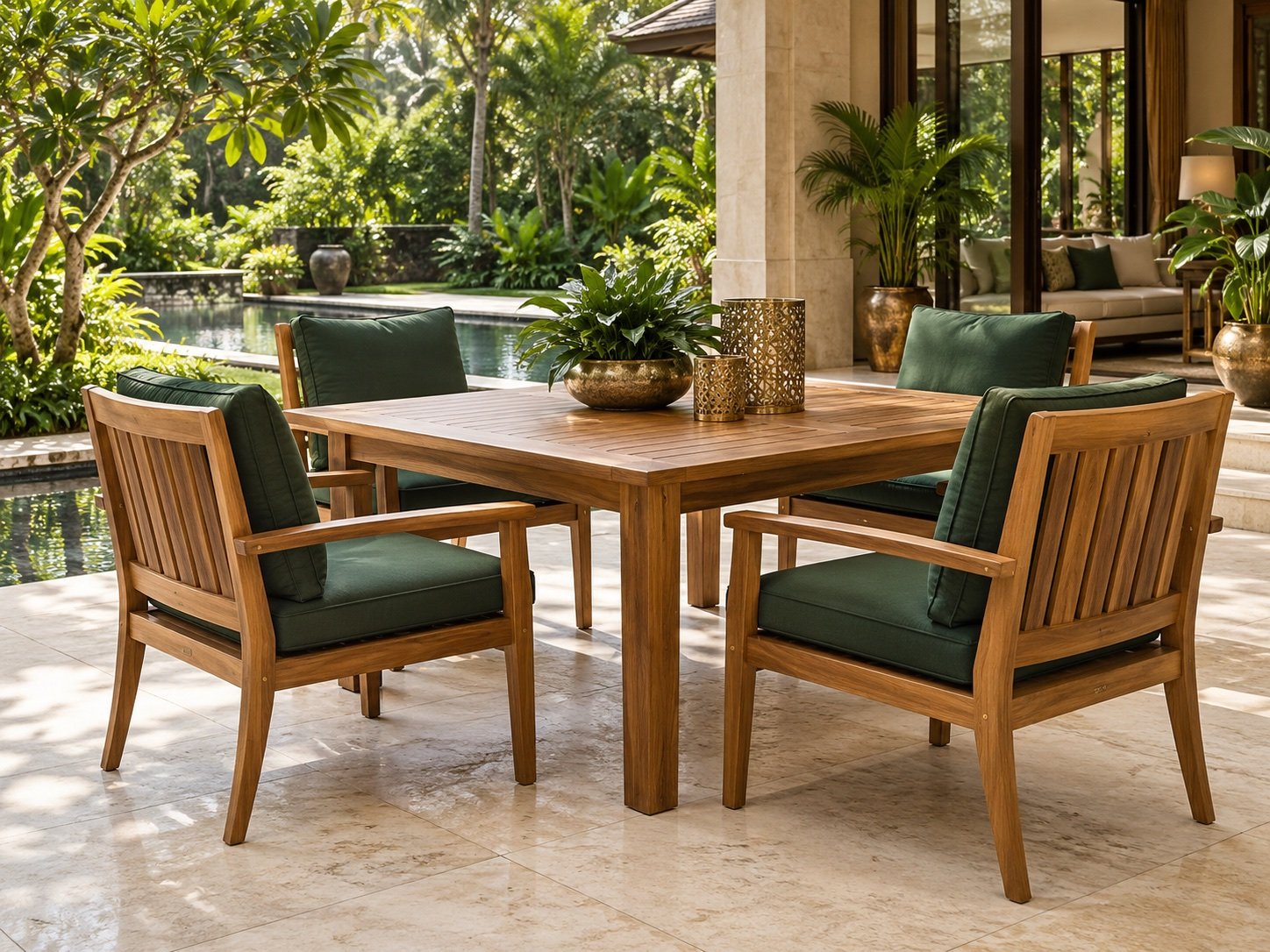 Restored teak patio furniture with forest-green cushions