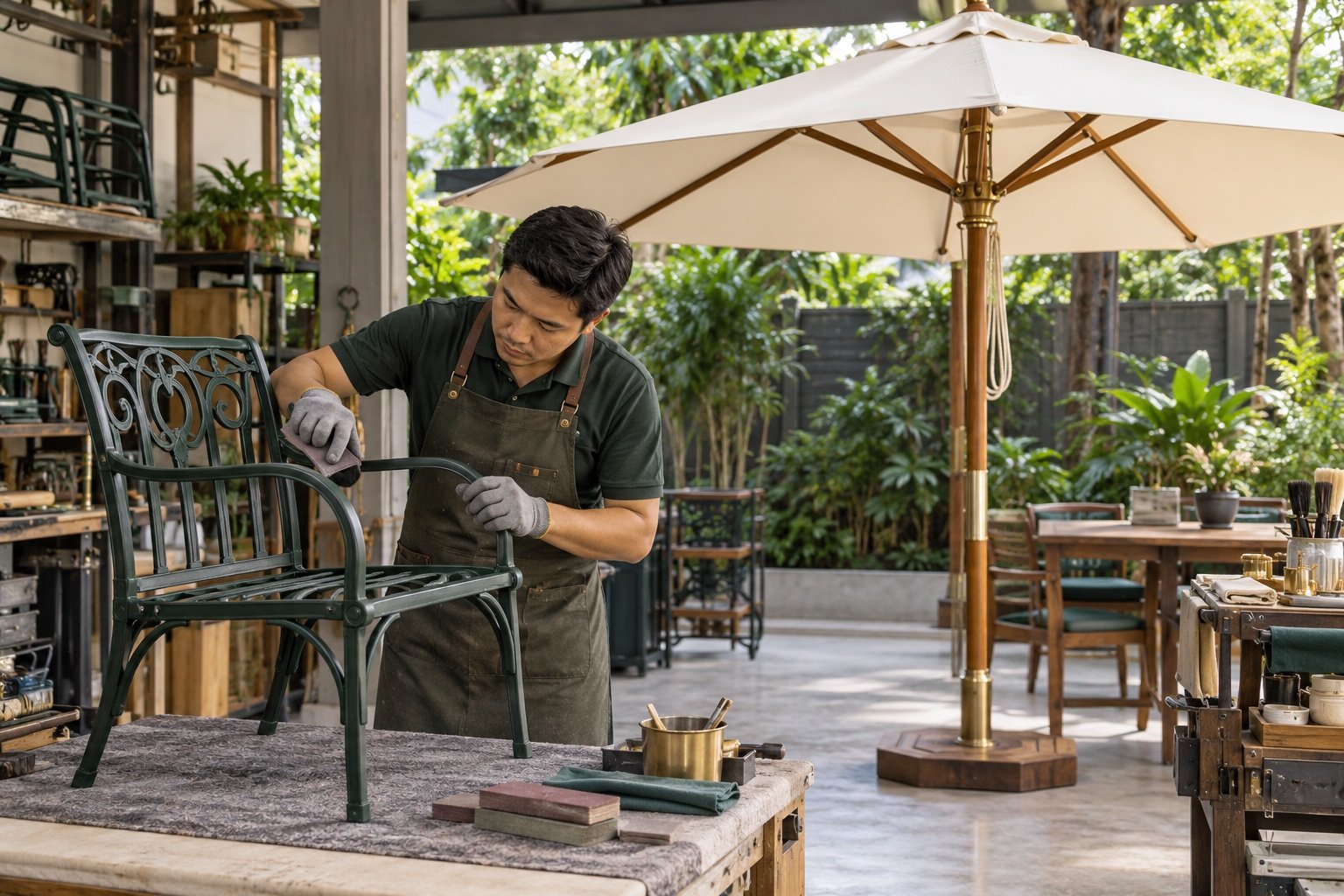 Craftsperson refinishing a metal outdoor chair beside a garden umbrella