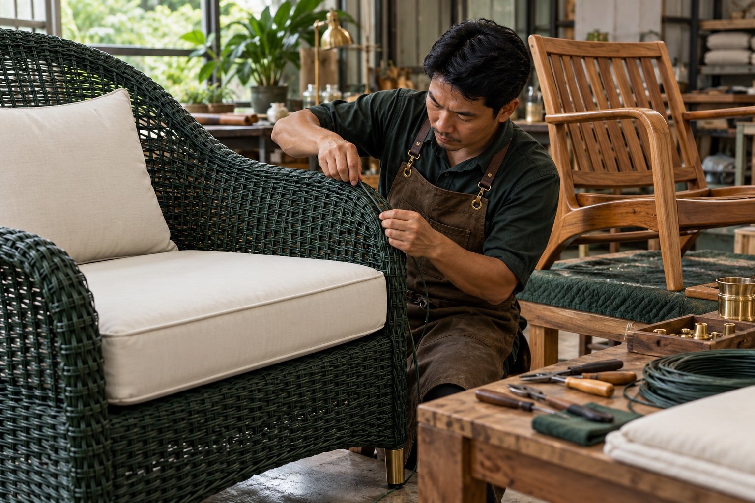 Craftsperson repairing woven outdoor furniture with a tailored cushion