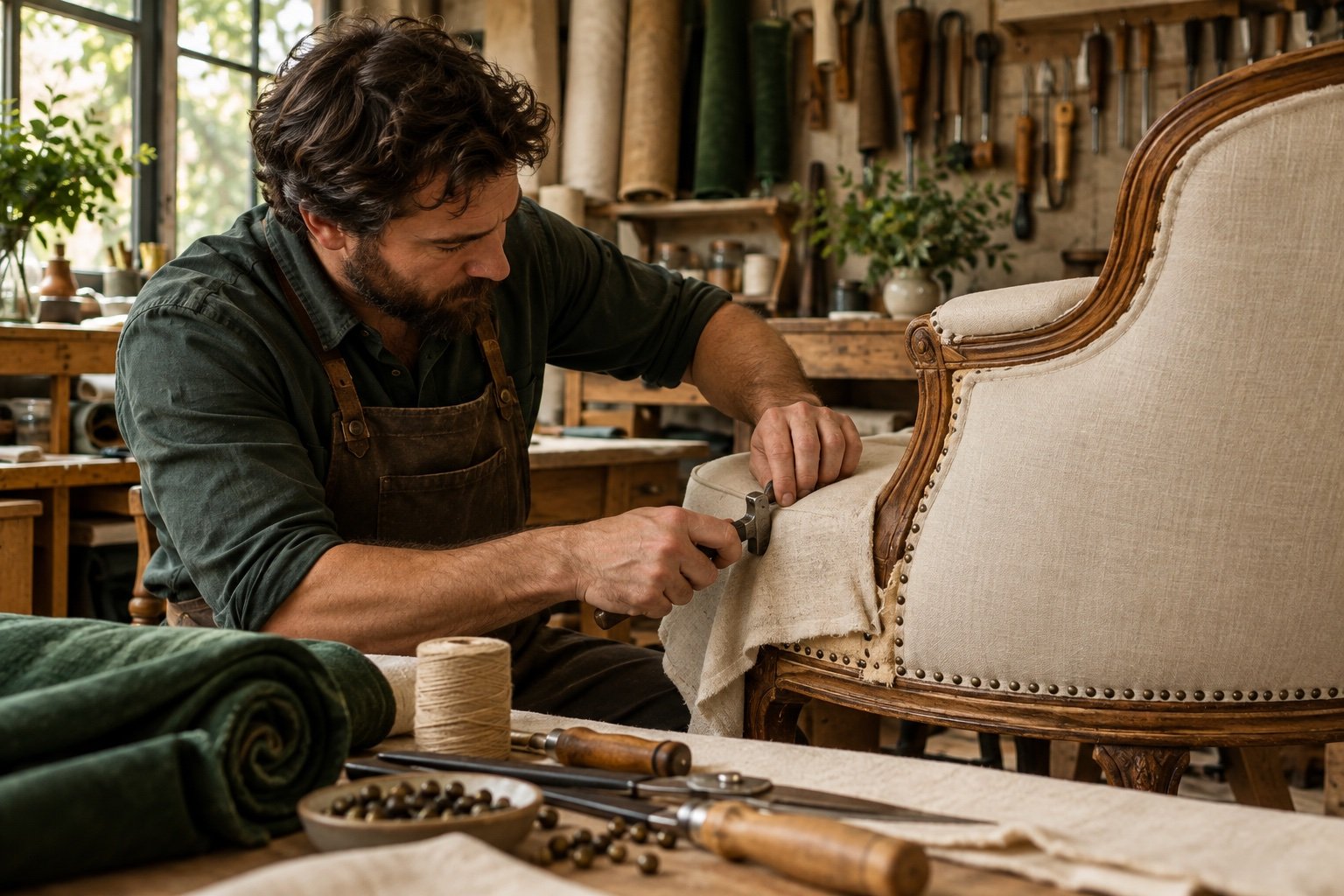 Craftsman restoring a sofa in the workshop